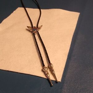 Vintage SilverTone Metal Turquoise colored Eagle Black Leather Bolo Southwest